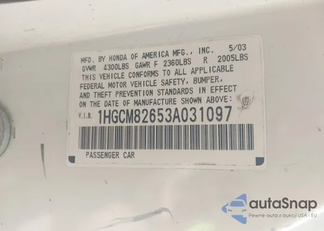 2003 Honda Accord 3.0 Ex из США, поврежденный, VIN 1HGCM82653A031097